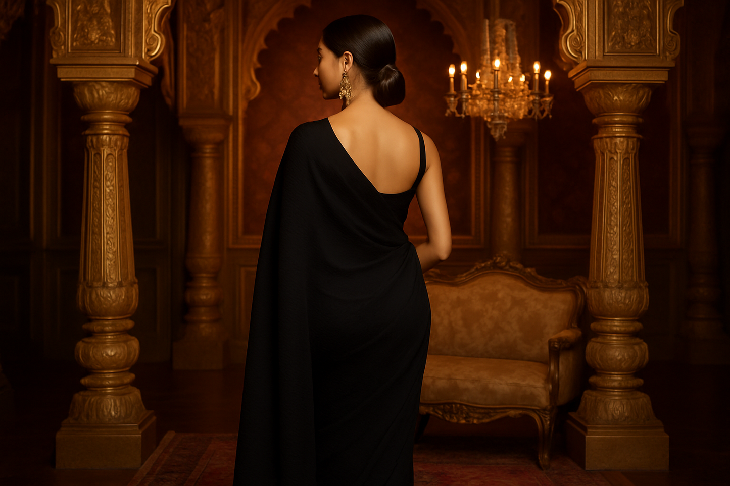 Woman in black saree from behind with royal background